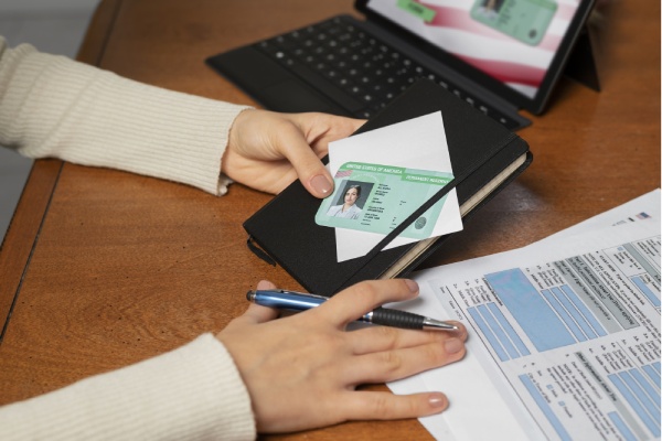 برای تصویر: "فردی در حال آمادهسازی مدارک شامل پاسپورت، کارت شناسایی و فرمهای مربوطه، مناسب برای فرآیند اخذ مدارک اقامت اروپا و مهاجرت.