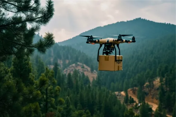 پهپاد در حال تحویل بسته در یک منطقه کوهستانی، نشاندهنده فناوریهای نوین در حمل و نقل هوایی در تجارت الکترونیک.