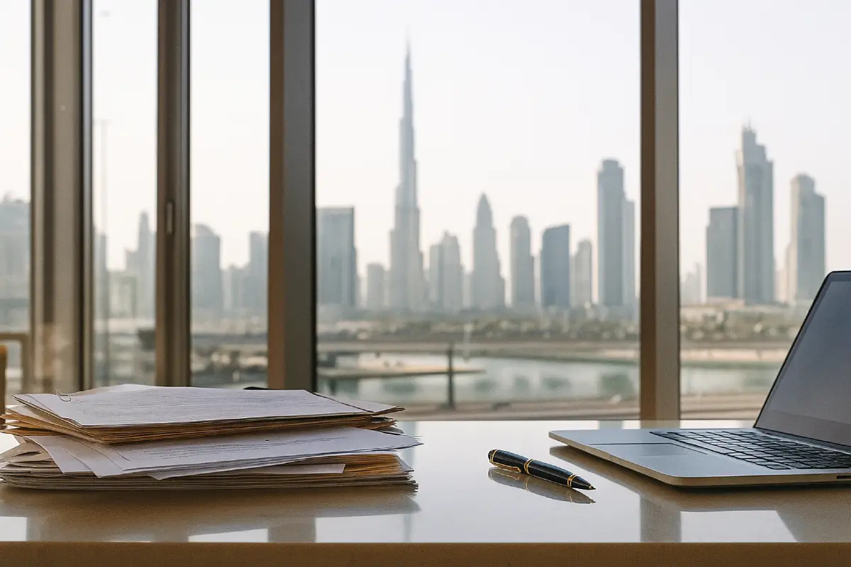 شرایط ثبت شرکت در دبی — تصویر دفتر با چشم‌انداز برج خلیفه