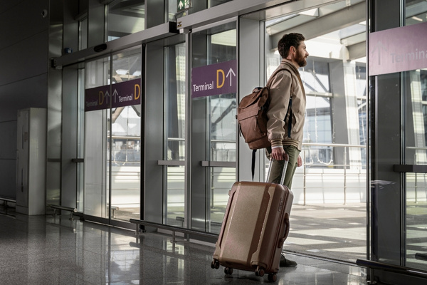 مسافری با چمدان در ترمینال فرودگاه، در حال آماده شدن برای سفر و مدیریت اضافه بار هواپیما.